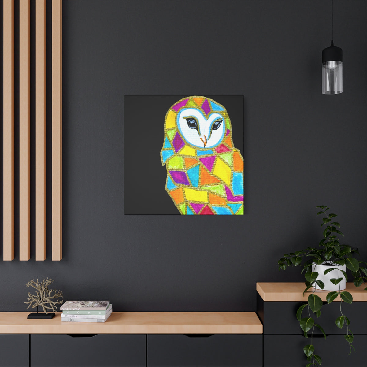Spirit Animal Collection - Colorful Mosaic Barn Owl  — Stretched Canvas Print Wall Art