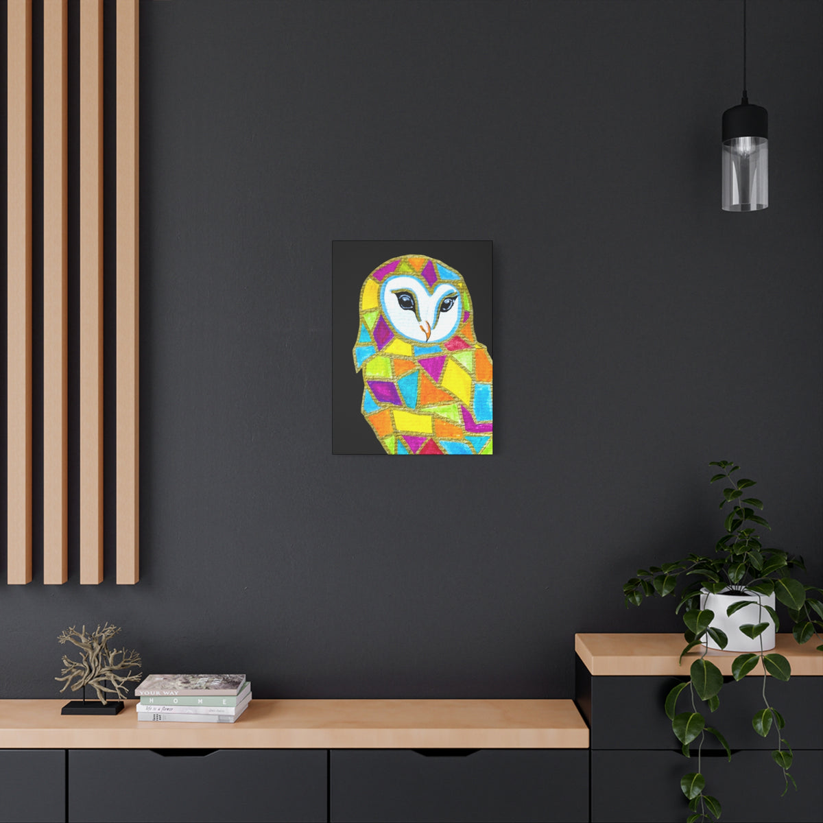 Spirit Animal Collection - Colorful Mosaic Barn Owl  — Stretched Canvas Print Wall Art