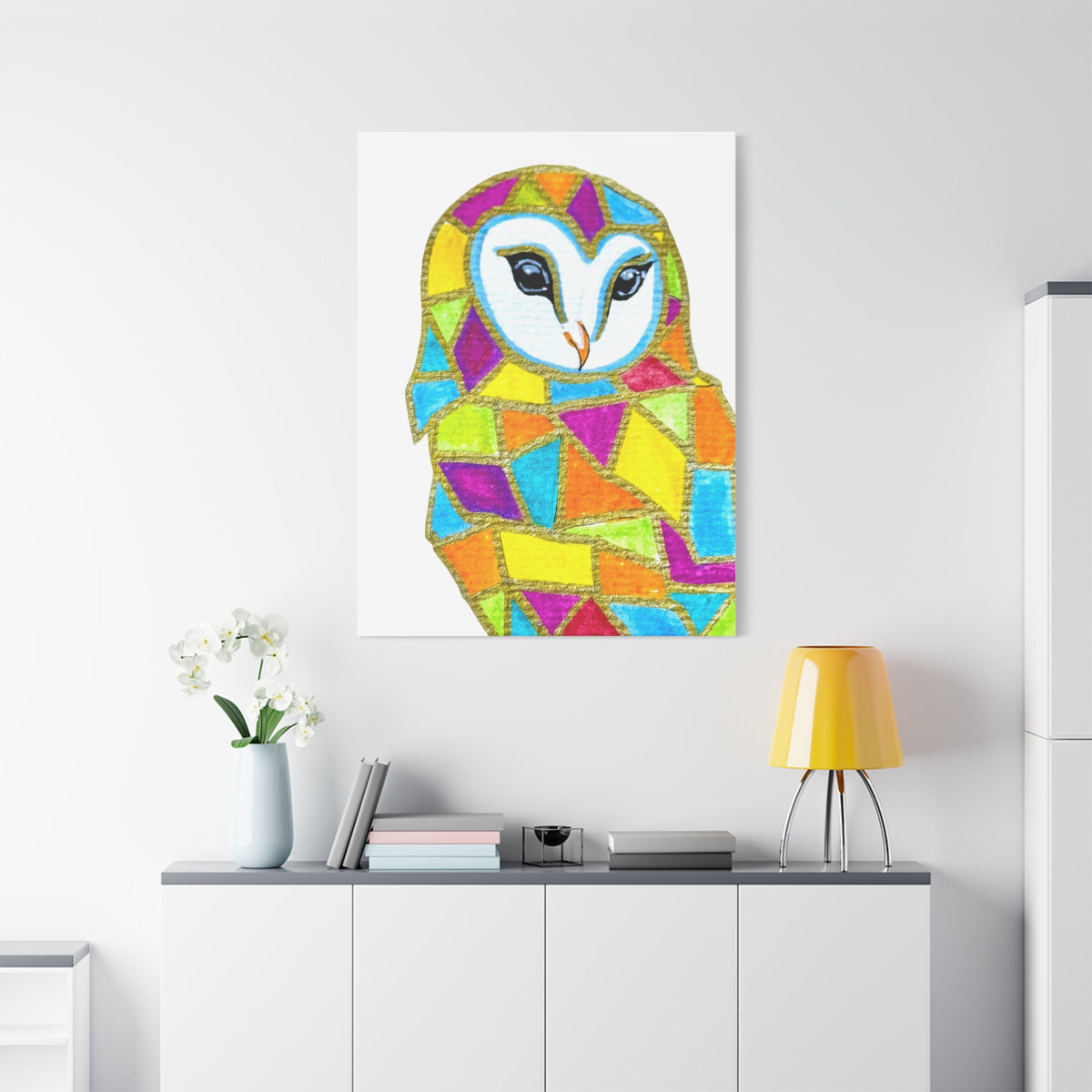 Spirit Animal Collection - Colorful Mosaic Barn Owl  — Stretched Canvas Print Wall Art