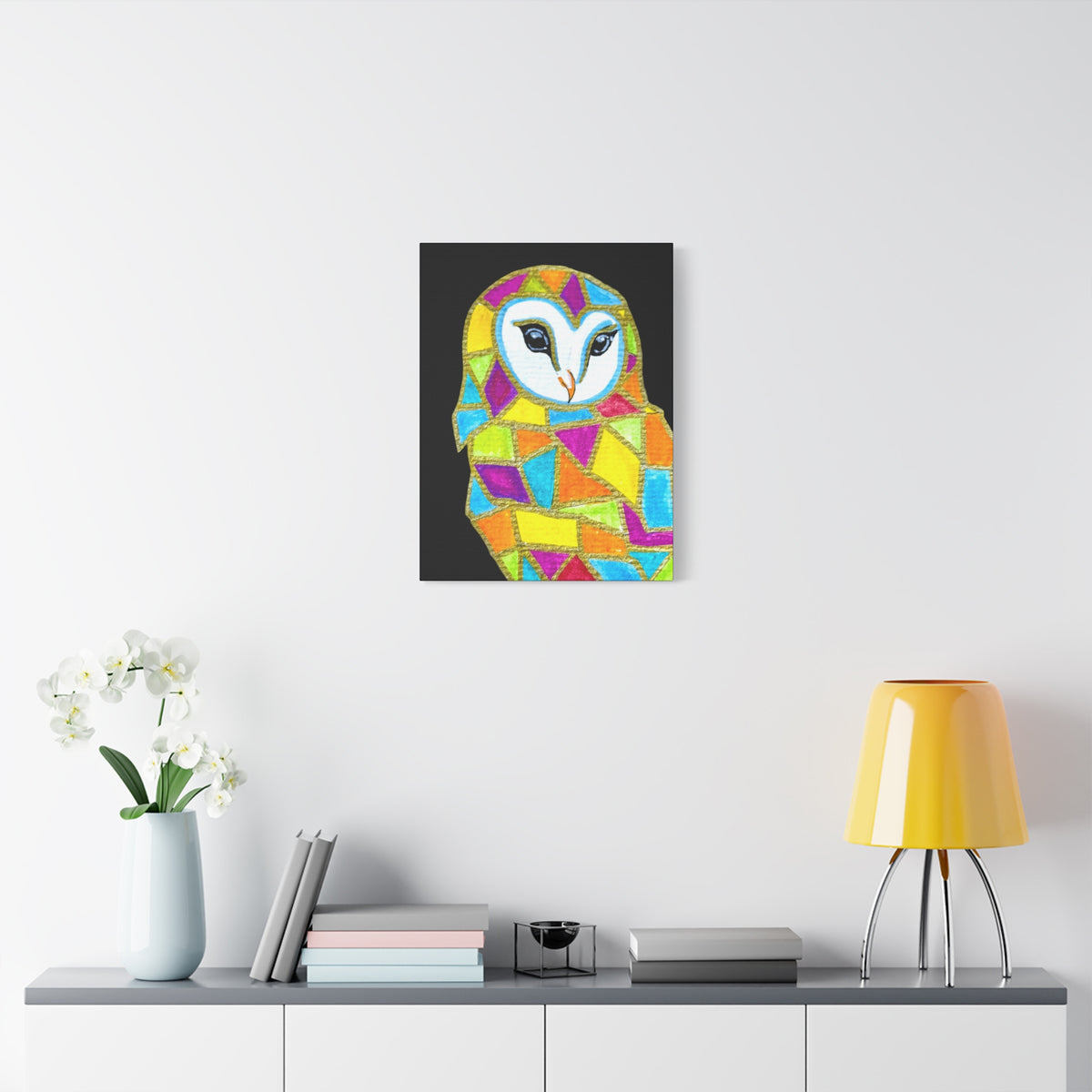 Spirit Animal Collection - Colorful Mosaic Barn Owl  — Stretched Canvas Print Wall Art