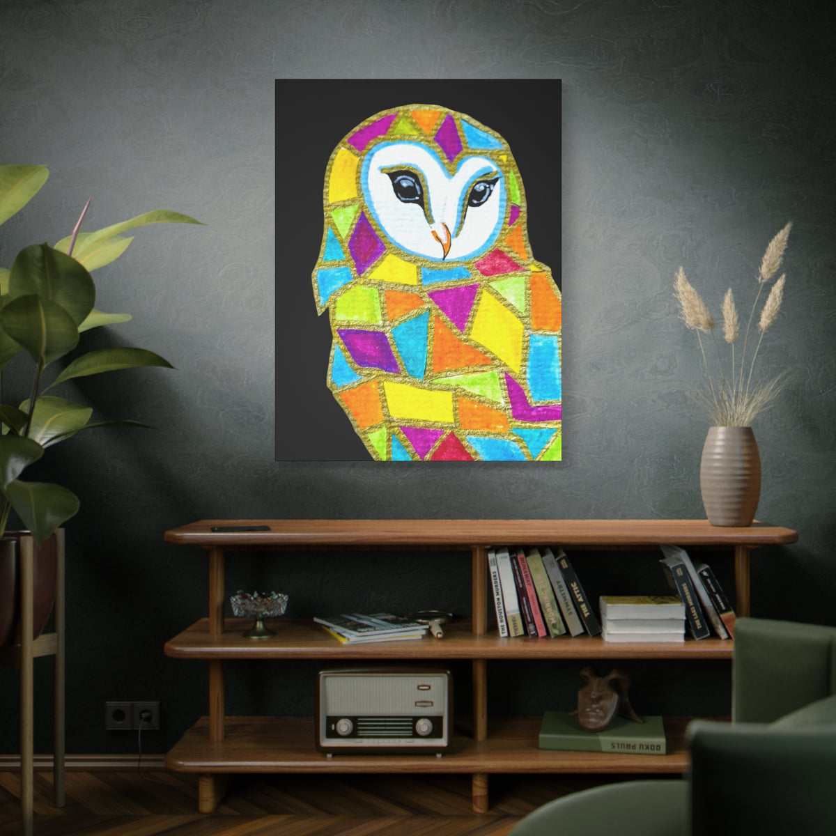 Spirit Animal Collection - Colorful Mosaic Barn Owl  — Stretched Canvas Print Wall Art