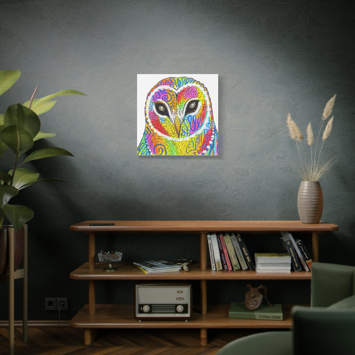 Spirit Animal Collection - Colorful Psychedelic Owl  — Stretched Canvas Print Wall Art