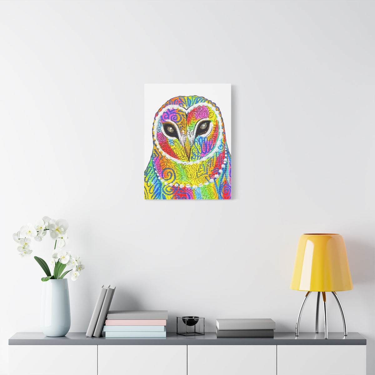 Spirit Animal Collection - Colorful Psychedelic Owl  — Stretched Canvas Print Wall Art