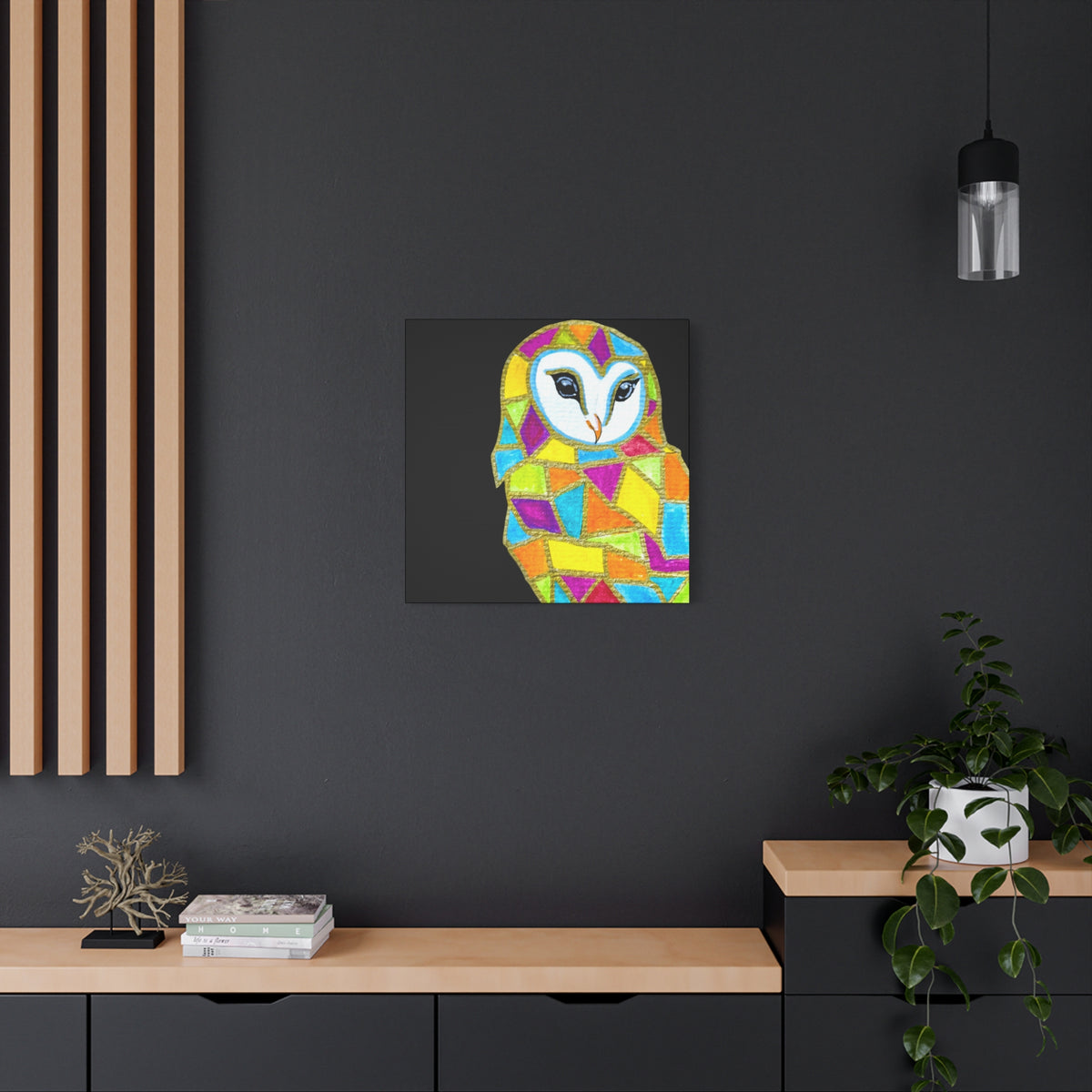Spirit Animal Collection - Colorful Mosaic Barn Owl  — Stretched Canvas Print Wall Art