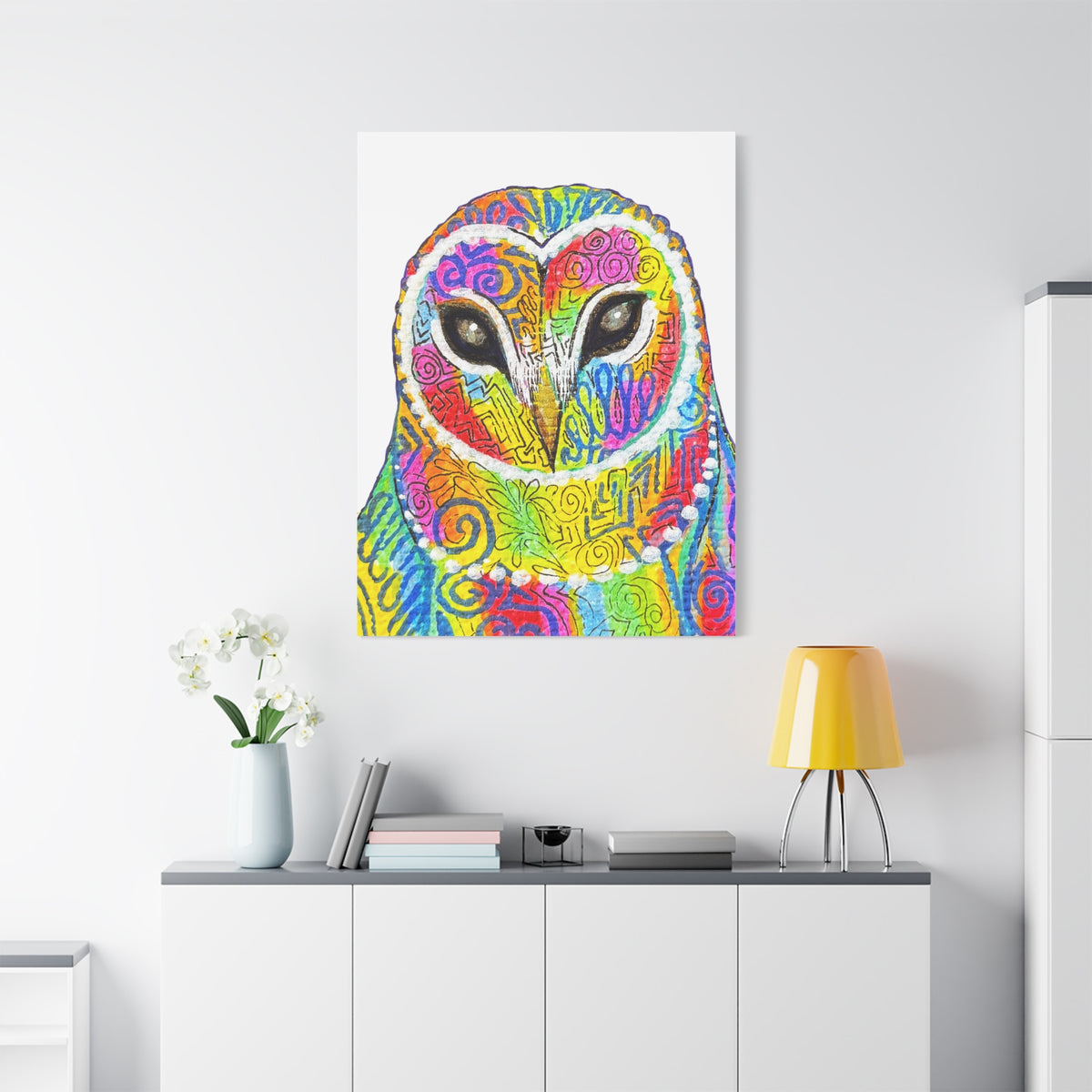 Spirit Animal Collection - Colorful Psychedelic Owl  — Stretched Canvas Print Wall Art