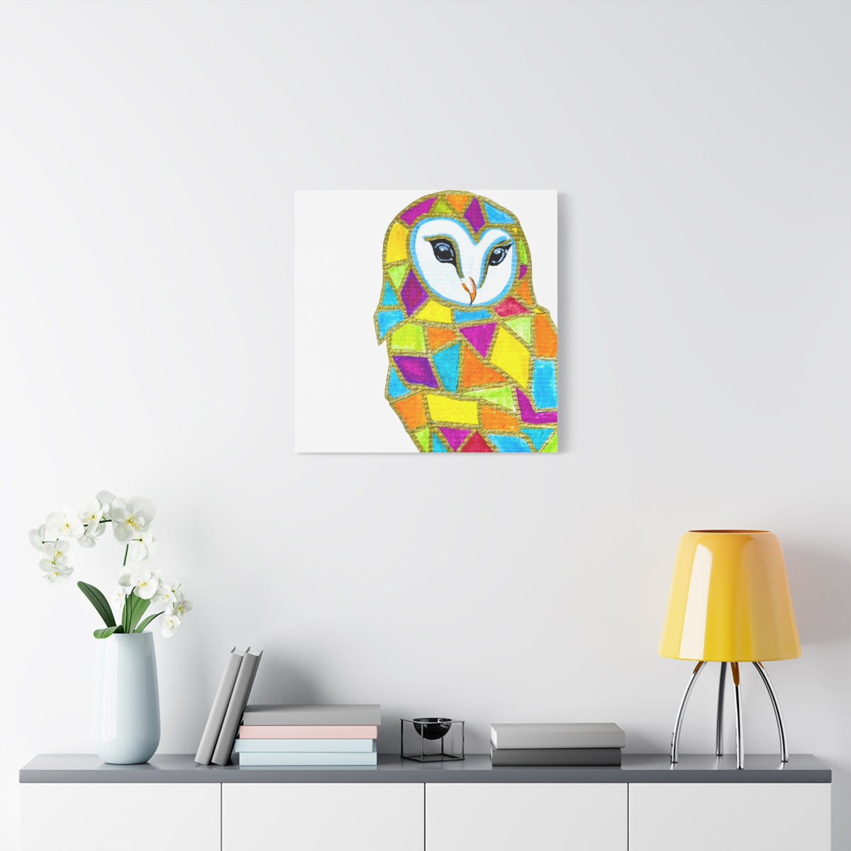 Spirit Animal Collection - Colorful Mosaic Barn Owl  — Stretched Canvas Print Wall Art
