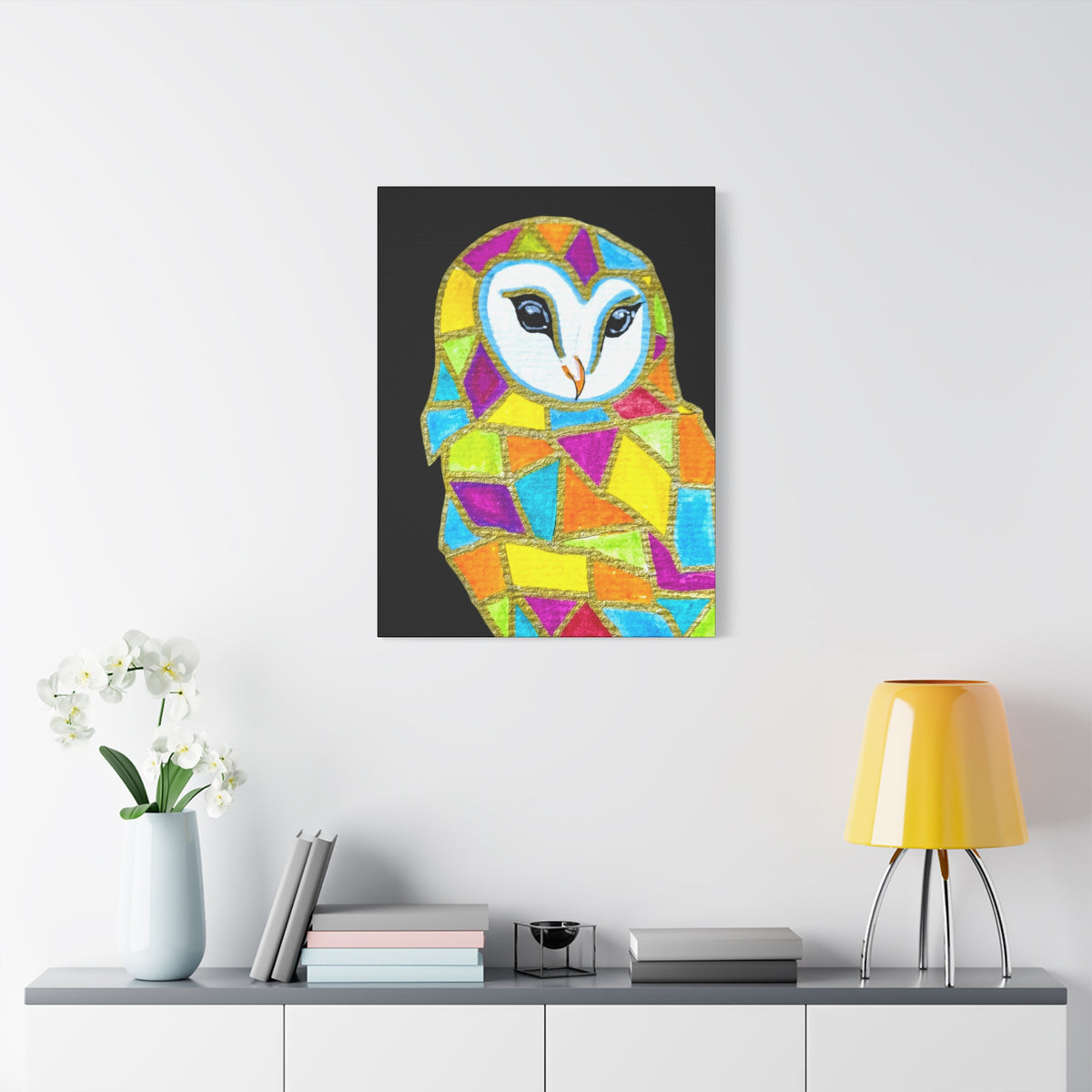 Spirit Animal Collection - Colorful Mosaic Barn Owl  — Stretched Canvas Print Wall Art
