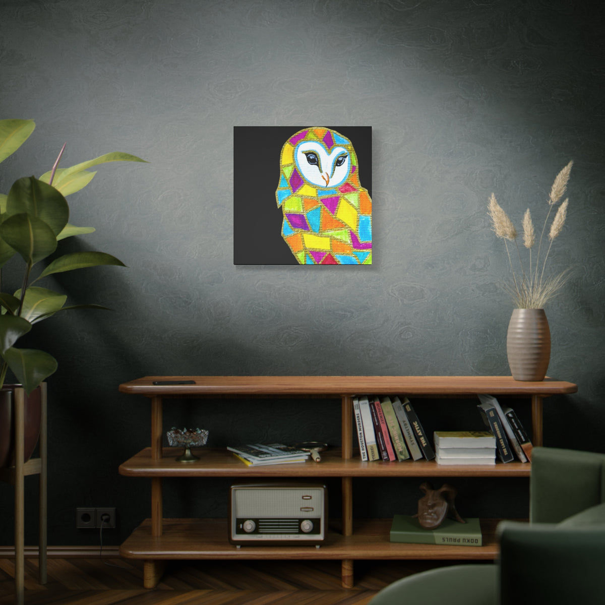 Spirit Animal Collection - Colorful Mosaic Barn Owl  — Stretched Canvas Print Wall Art