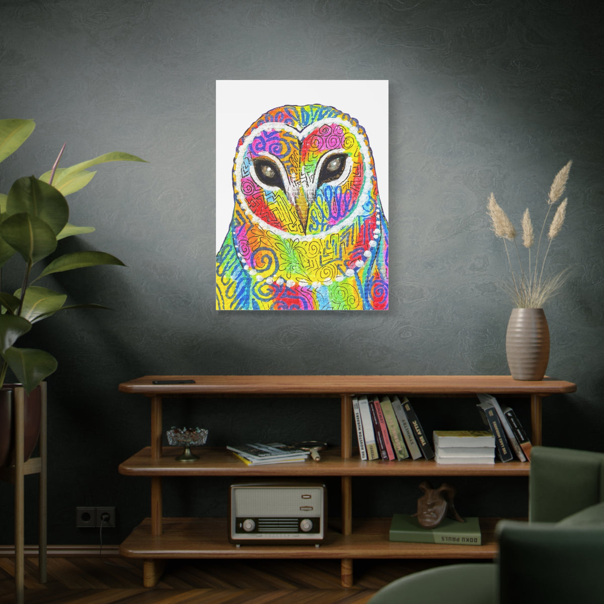 Spirit Animal Collection - Colorful Psychedelic Owl  — Stretched Canvas Print Wall Art