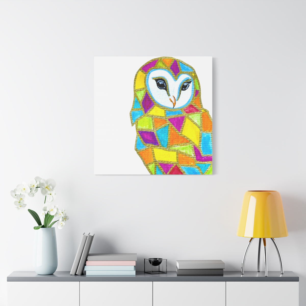 Spirit Animal Collection - Colorful Mosaic Barn Owl  — Stretched Canvas Print Wall Art