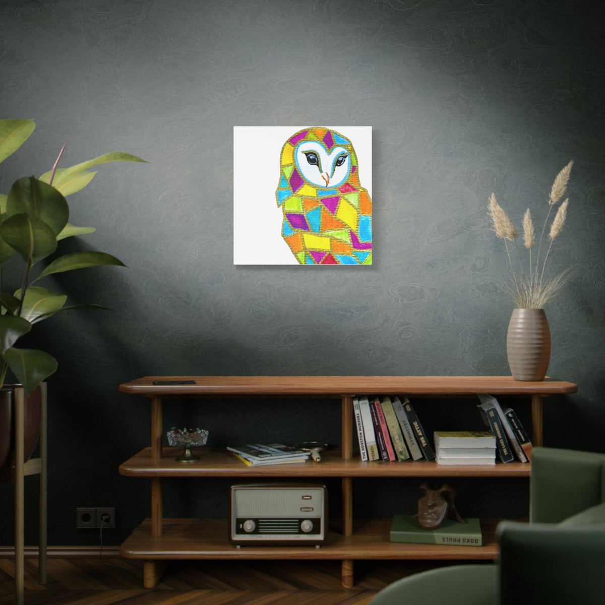 Spirit Animal Collection - Colorful Mosaic Barn Owl  — Stretched Canvas Print Wall Art