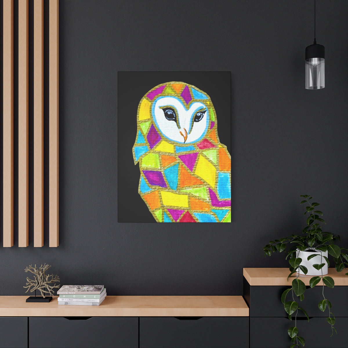 Spirit Animal Collection - Colorful Mosaic Barn Owl  — Stretched Canvas Print Wall Art