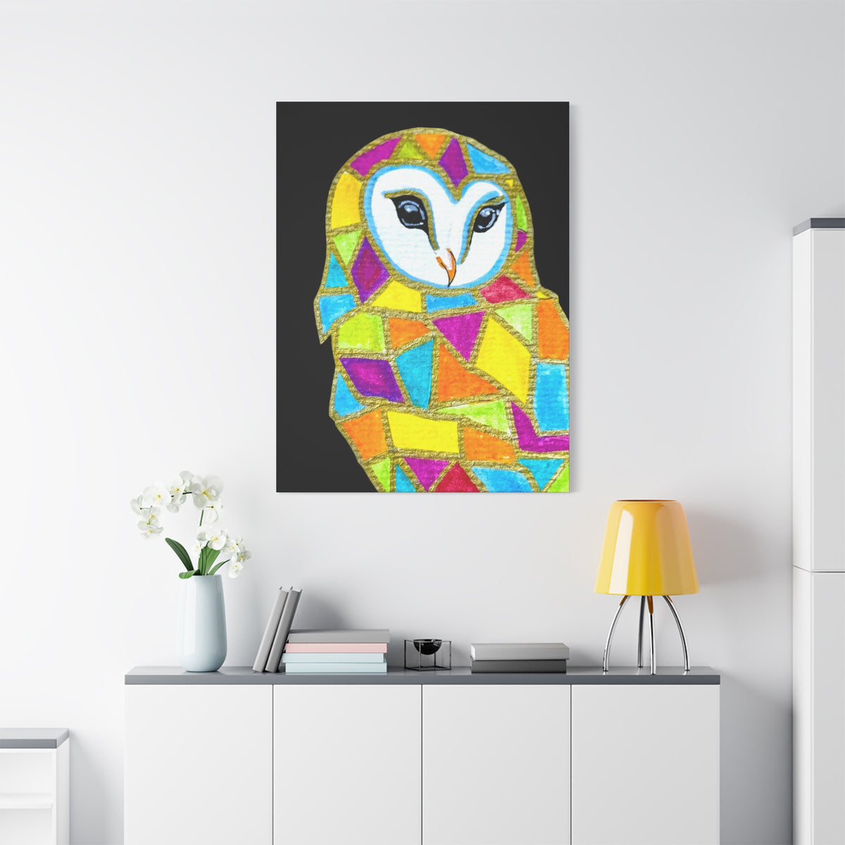 Spirit Animal Collection - Colorful Mosaic Barn Owl  — Stretched Canvas Print Wall Art