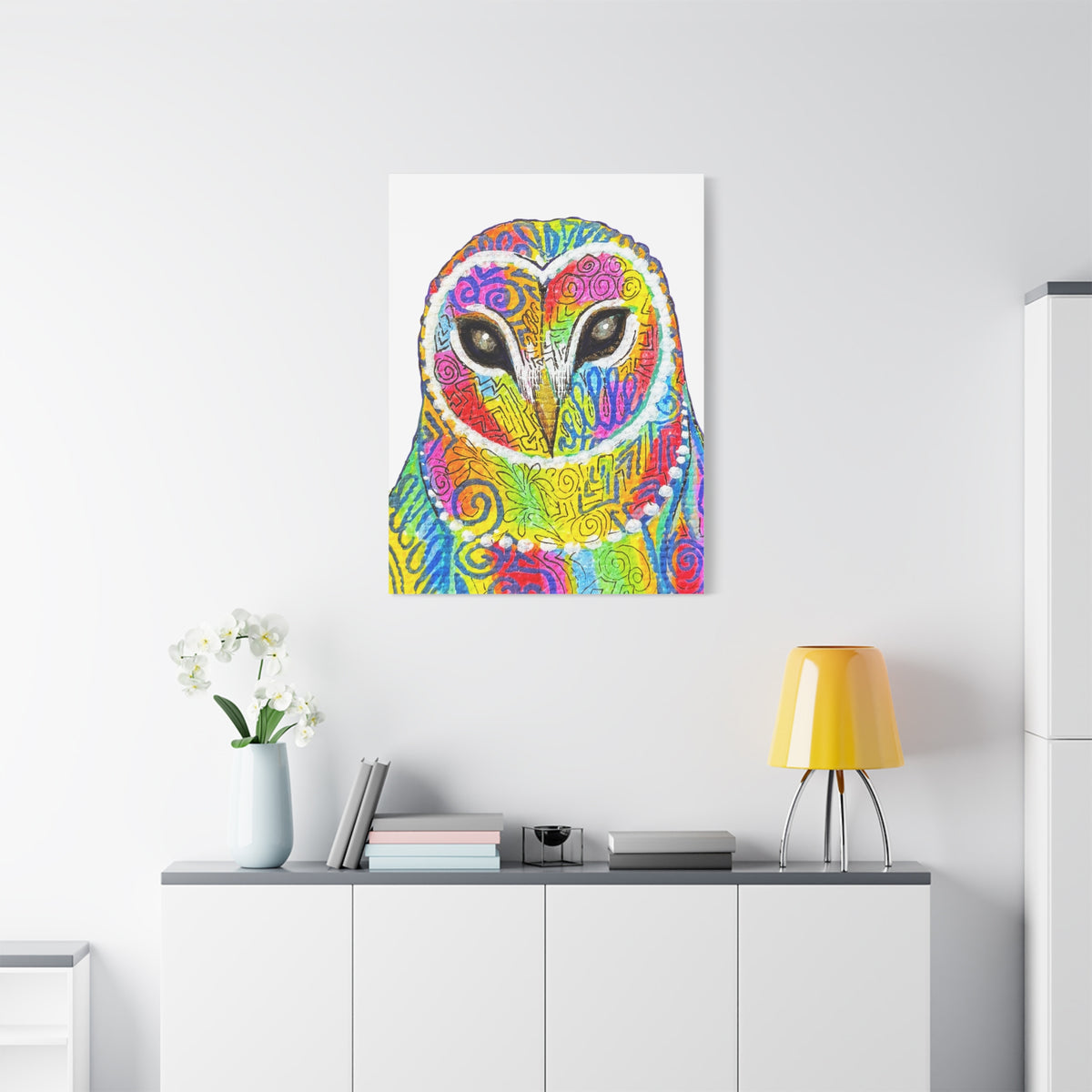 Spirit Animal Collection - Colorful Psychedelic Owl  — Stretched Canvas Print Wall Art