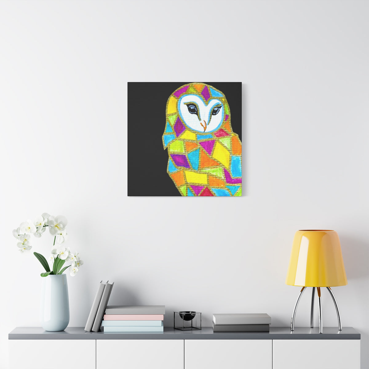 Spirit Animal Collection - Colorful Mosaic Barn Owl  — Stretched Canvas Print Wall Art