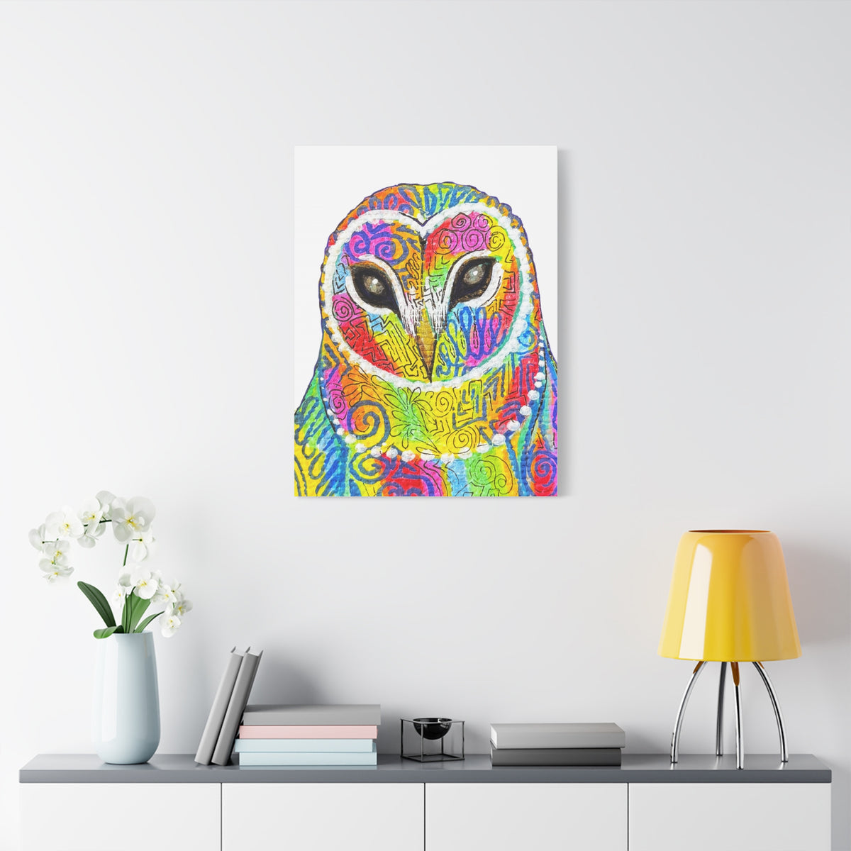 Spirit Animal Collection - Colorful Psychedelic Owl  — Stretched Canvas Print Wall Art