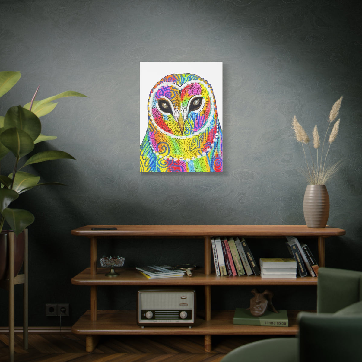 Spirit Animal Collection - Colorful Psychedelic Owl  — Stretched Canvas Print Wall Art