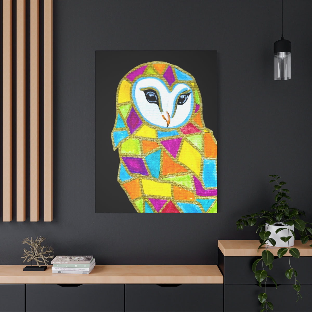 Spirit Animal Collection - Colorful Mosaic Barn Owl  — Stretched Canvas Print Wall Art