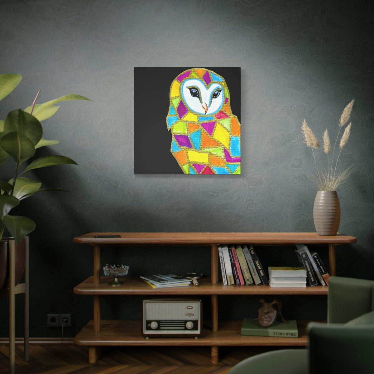 Spirit Animal Collection - Colorful Mosaic Barn Owl  — Stretched Canvas Print Wall Art