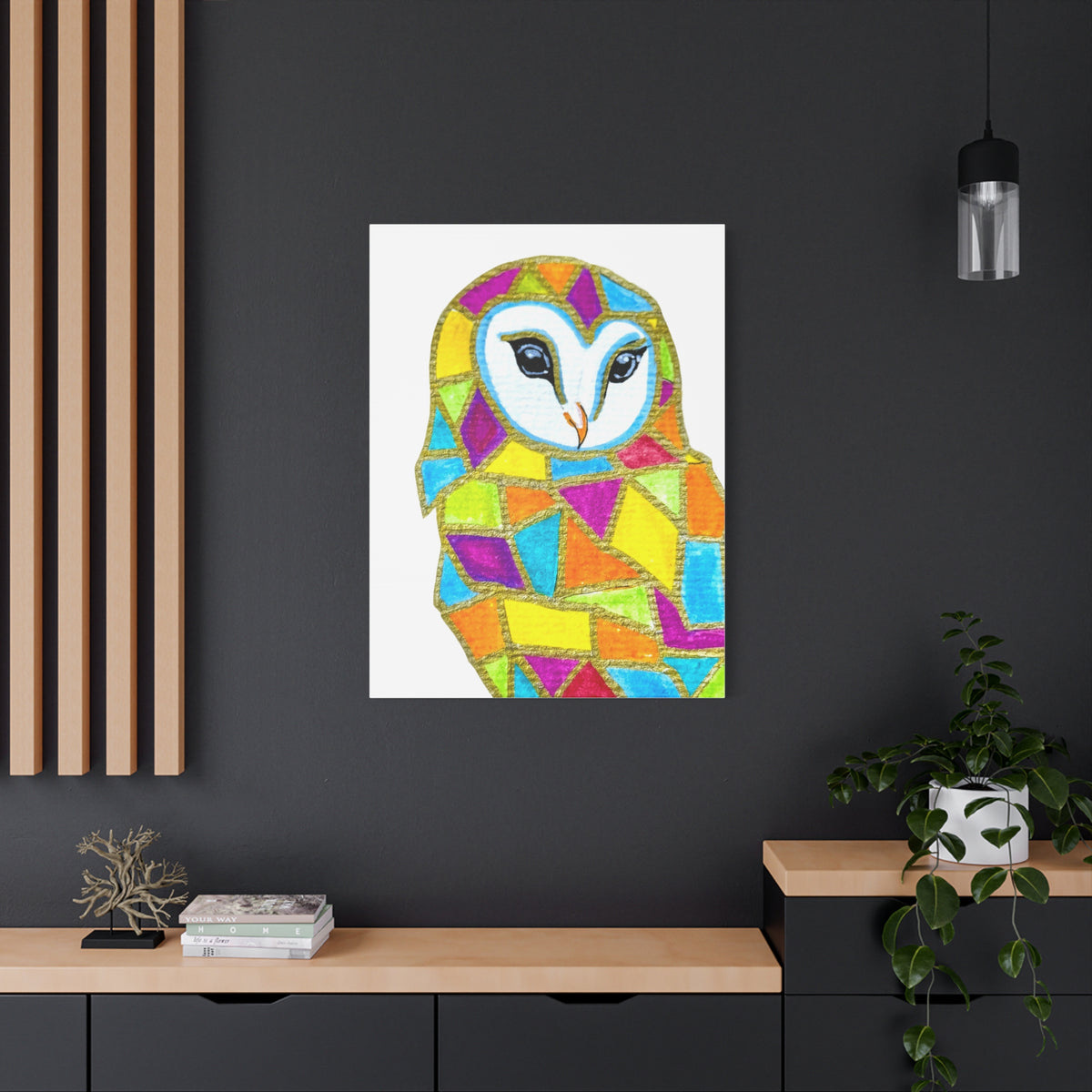 Spirit Animal Collection - Colorful Mosaic Barn Owl  — Stretched Canvas Print Wall Art