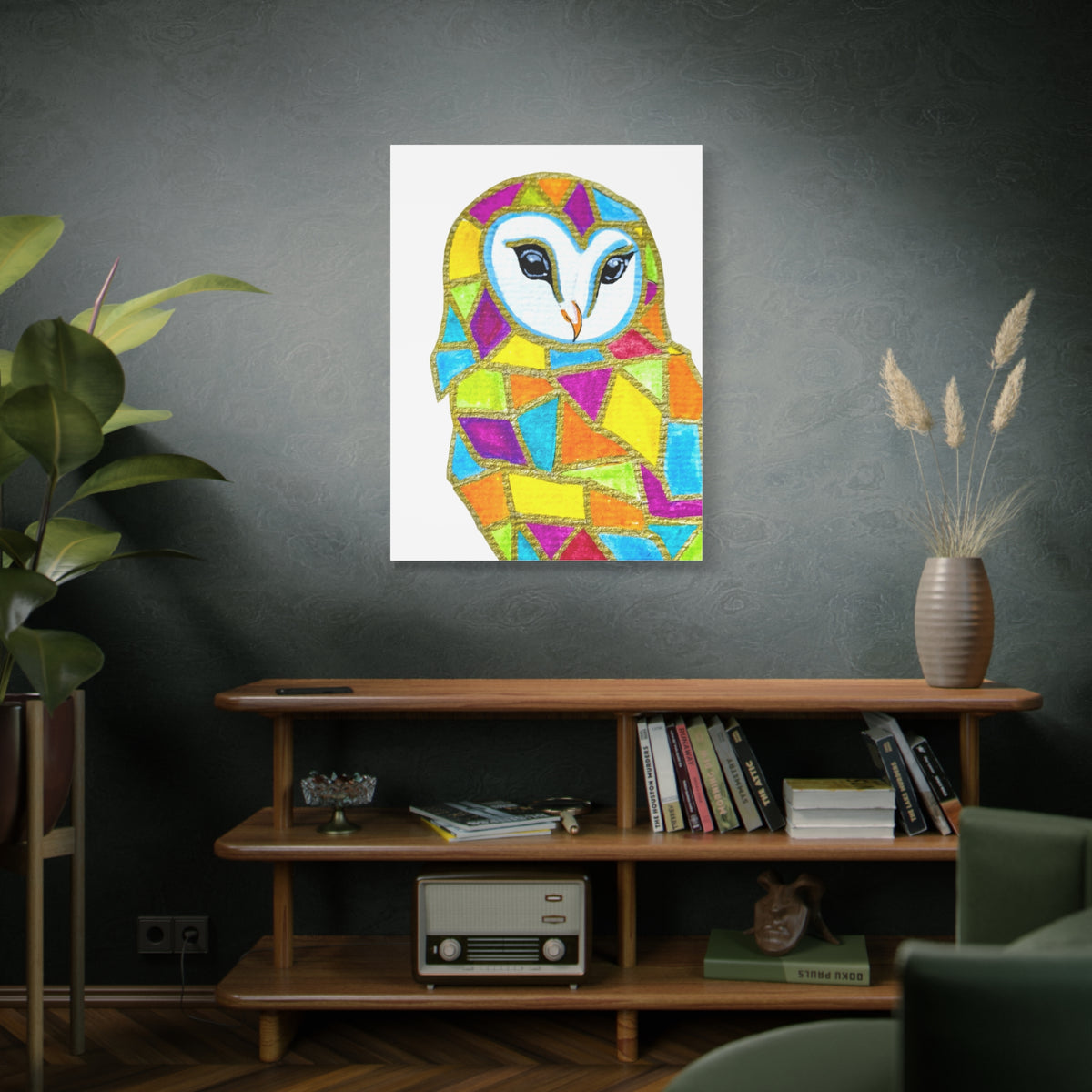 Spirit Animal Collection - Colorful Mosaic Barn Owl  — Stretched Canvas Print Wall Art