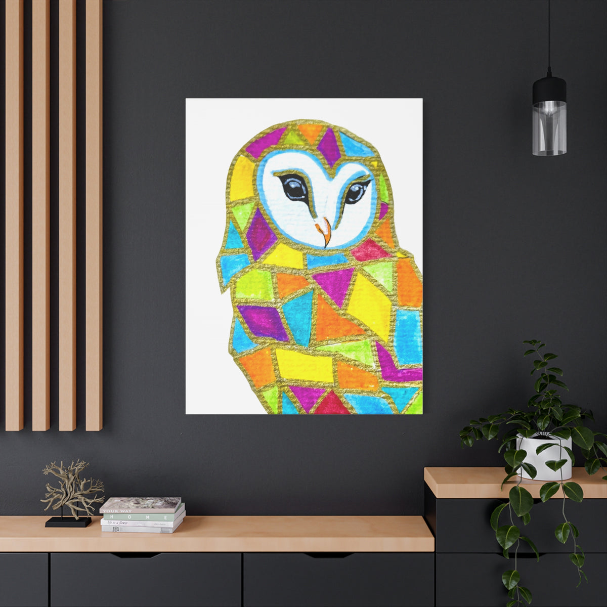 Spirit Animal Collection - Colorful Mosaic Barn Owl  — Stretched Canvas Print Wall Art
