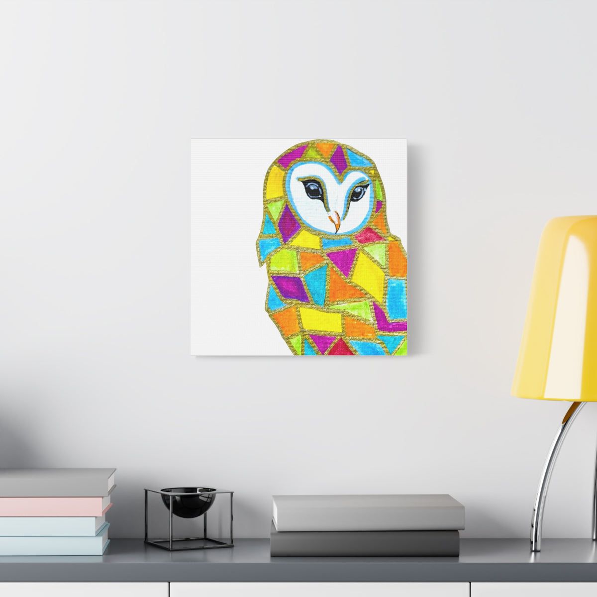 Spirit Animal Collection - Colorful Mosaic Barn Owl  — Stretched Canvas Print Wall Art
