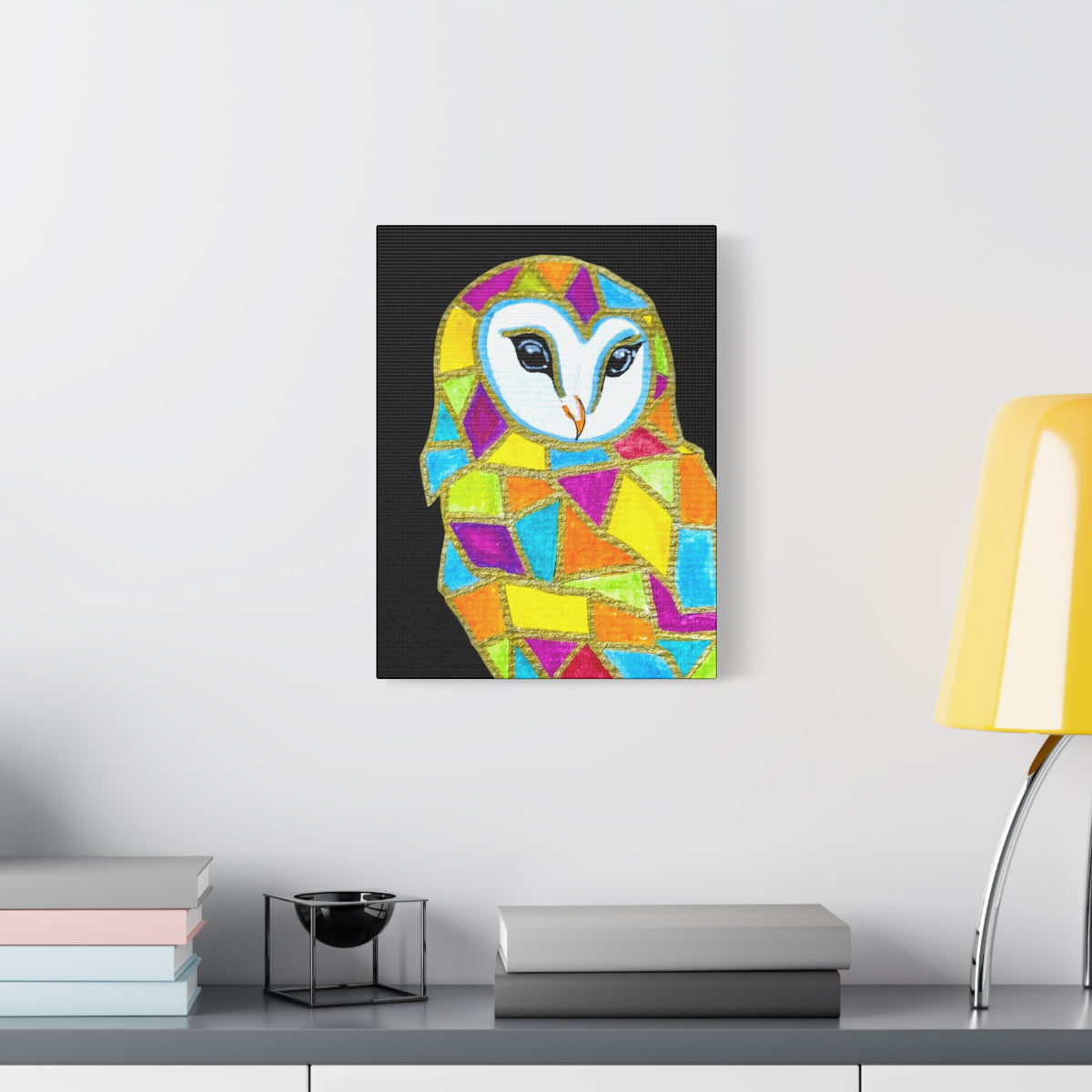 Spirit Animal Collection - Colorful Mosaic Barn Owl  — Stretched Canvas Print Wall Art