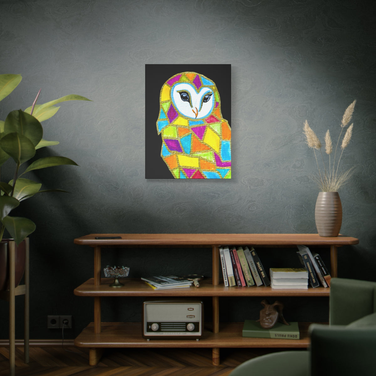 Spirit Animal Collection - Colorful Mosaic Barn Owl  — Stretched Canvas Print Wall Art