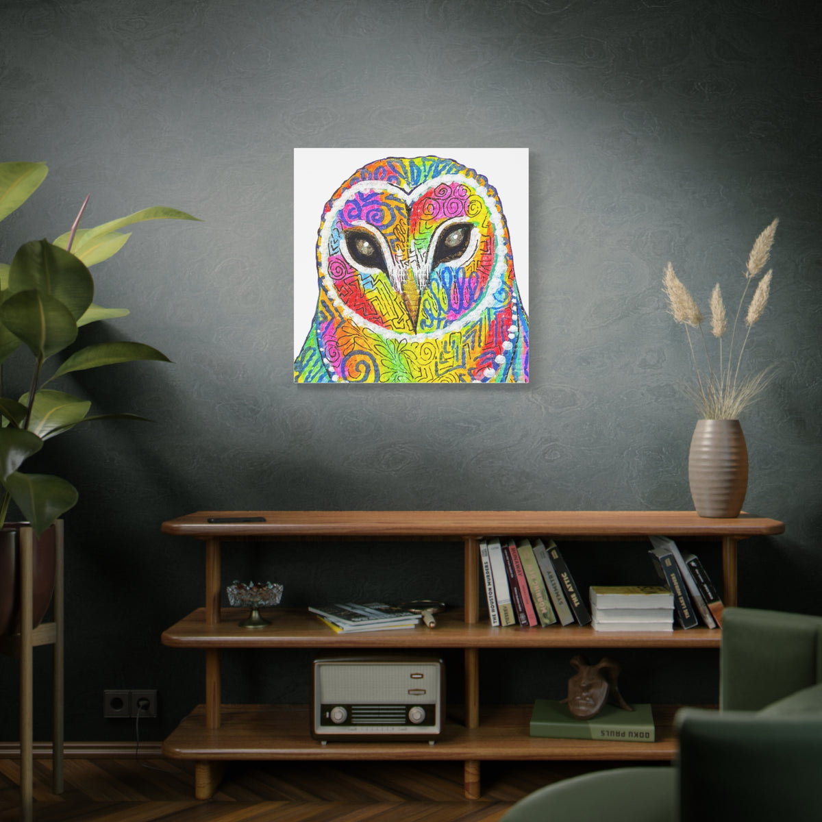 Spirit Animal Collection - Colorful Psychedelic Owl  — Stretched Canvas Print Wall Art