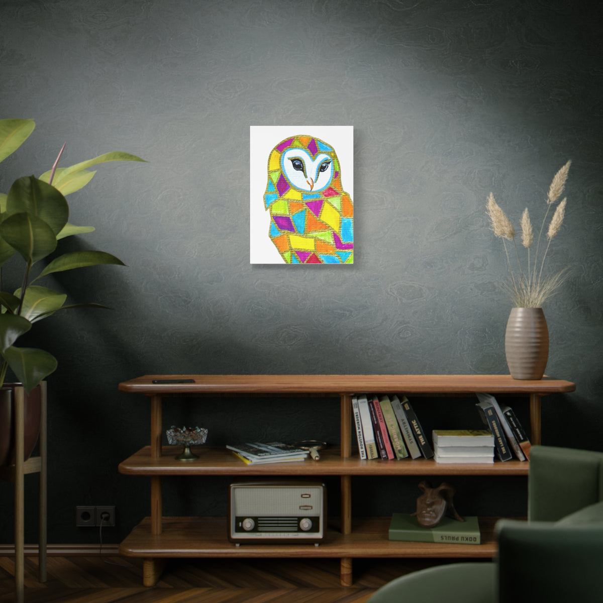 Spirit Animal Collection - Colorful Mosaic Barn Owl  — Stretched Canvas Print Wall Art
