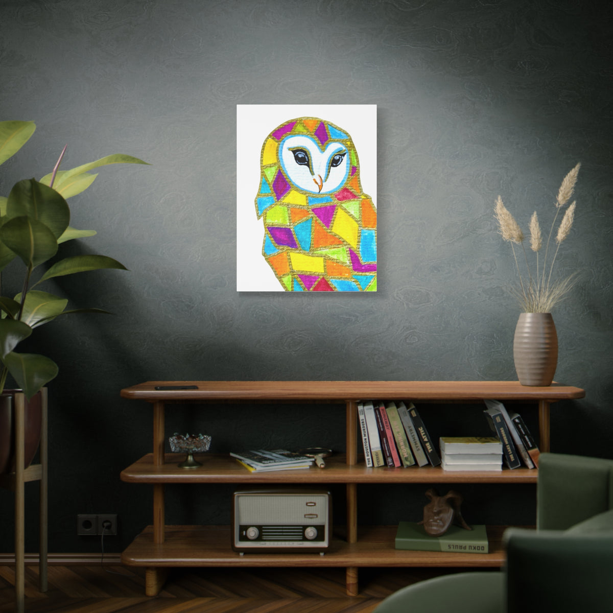 Spirit Animal Collection - Colorful Mosaic Barn Owl  — Stretched Canvas Print Wall Art