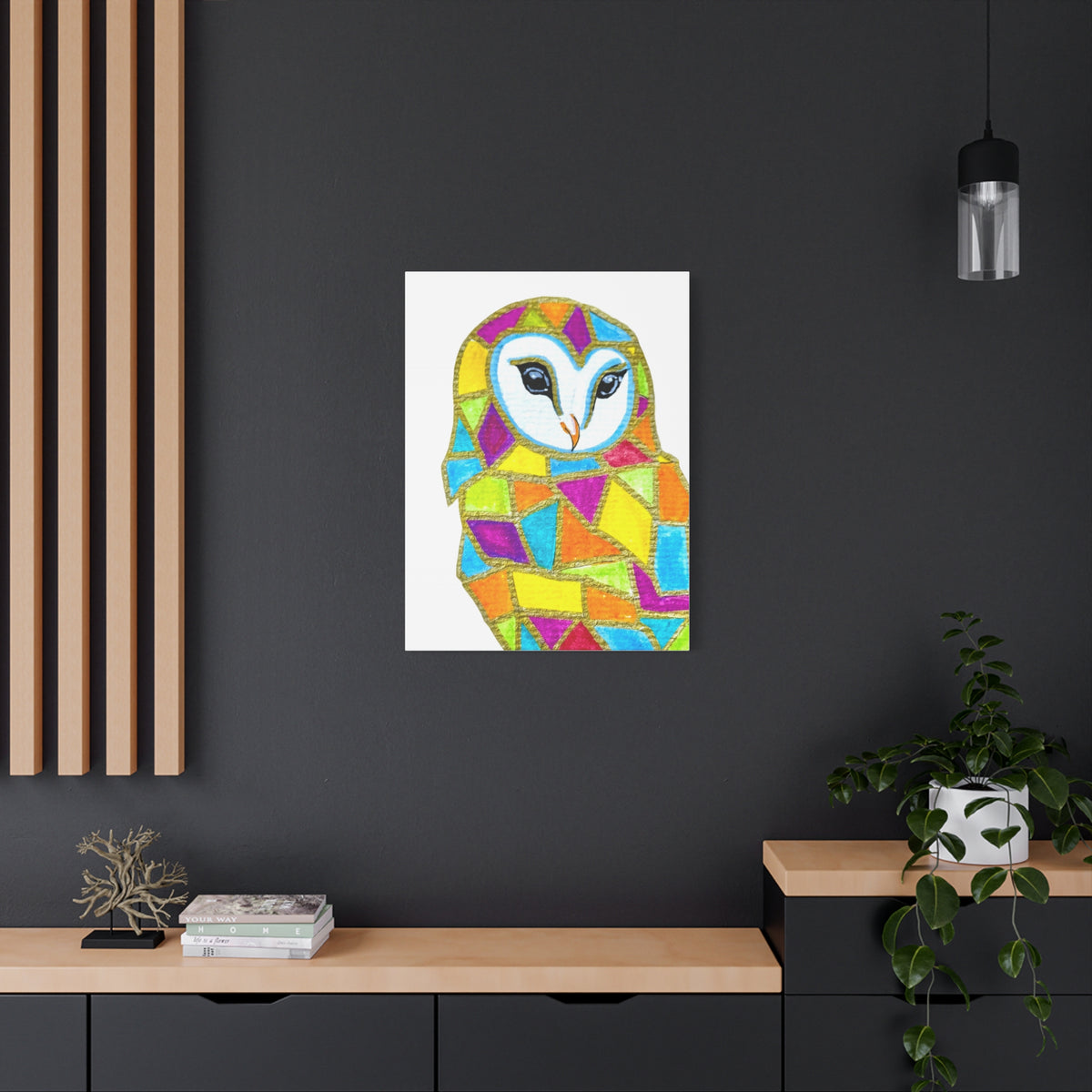 Spirit Animal Collection - Colorful Mosaic Barn Owl  — Stretched Canvas Print Wall Art