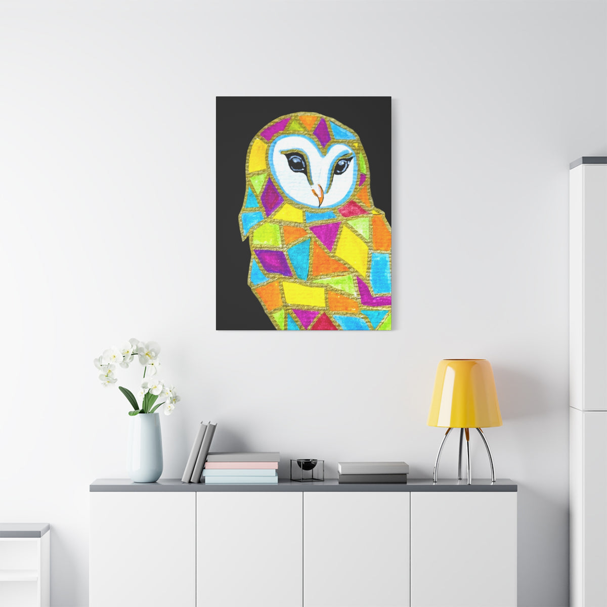 Spirit Animal Collection - Colorful Mosaic Barn Owl  — Stretched Canvas Print Wall Art