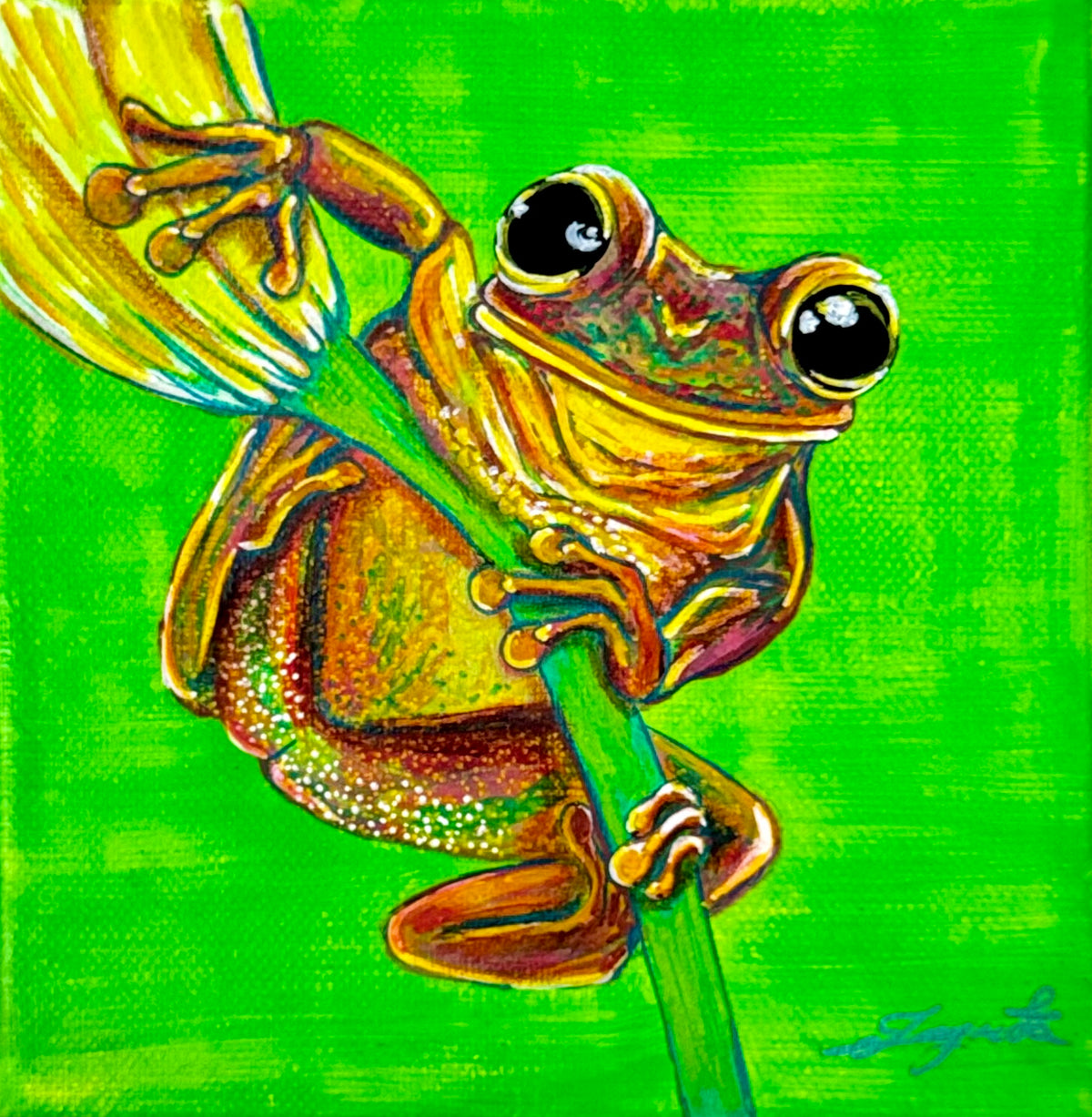 Leap-of-faith-frog-painting-by-ingrida-tautkute-ingridaart-original-painting-wall-art-psychedelic-colorful-contemporary-spiritual-artwork-big-eyes-froglet-jumping-flower-green