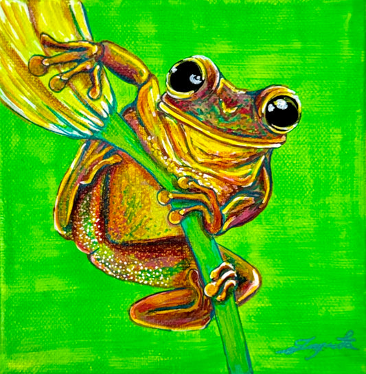 Leap-of-faith-frog-painting-by-ingrida-tautkute-ingridaart-original-painting-wall-art-psychedelic-colorful-contemporary-spiritual-artwork-big-eyes-froglet-jumping-flower-green
