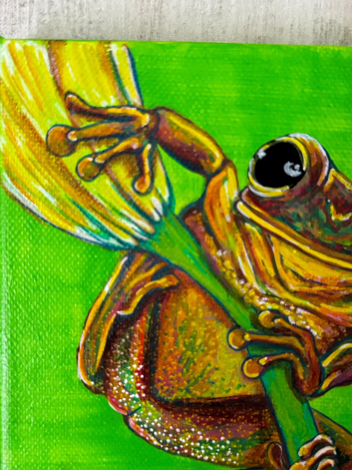 Leap-of-faith-frog-painting-by-ingrida-tautkute-ingridaart-original-painting-wall-art-psychedelic-colorful-contemporary-spiritual-artwork-close-up-handmade-artwork