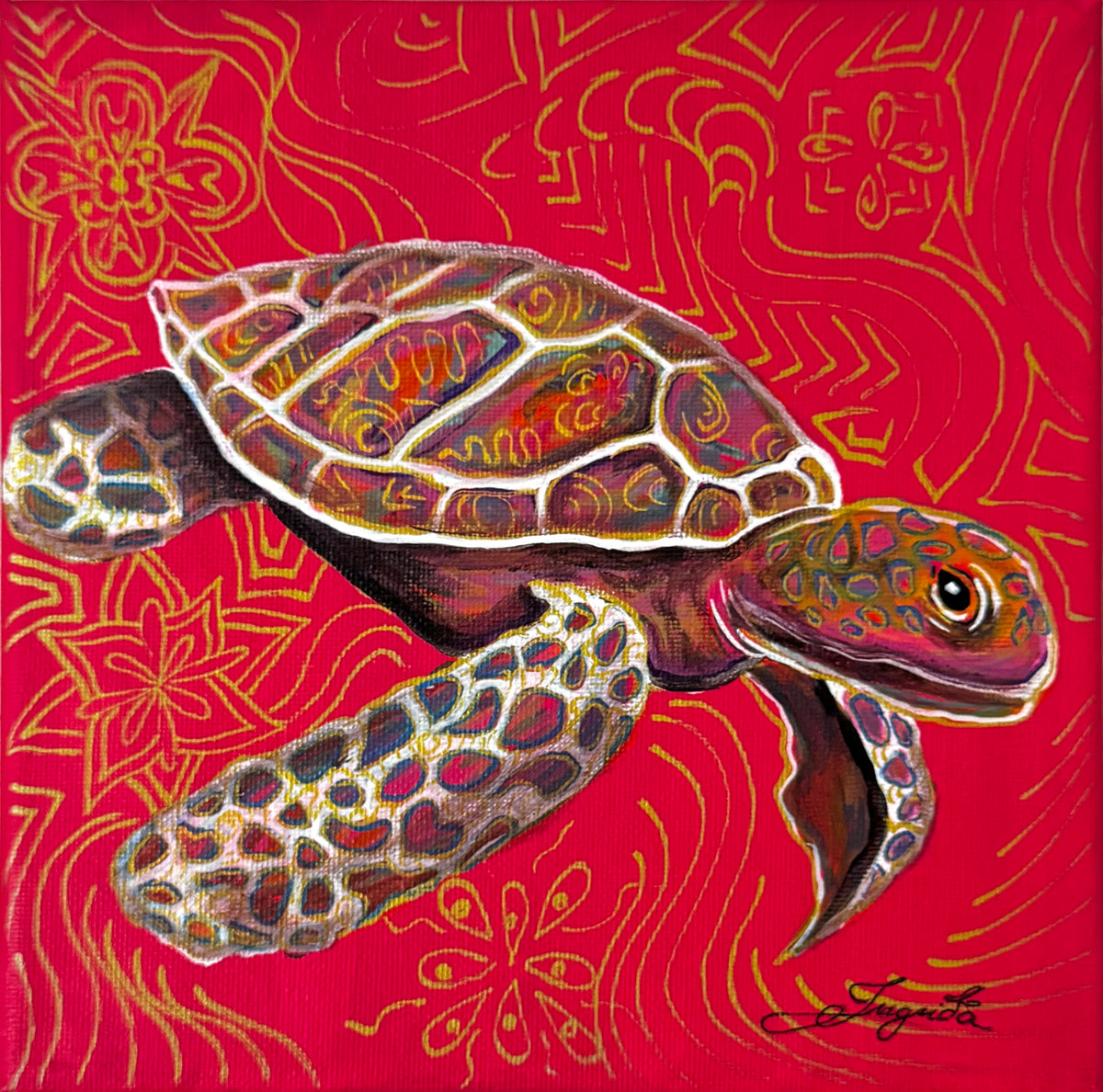 A-colorful-painted-sea-turtle-on-a-bright-red-background-with-gold-Polynesian-style-wave-and-floral-patterns-The-turtle-has-multicolored-shell-and-flipper-details-in-purple-orange-green-and-gray-tones-with-a-visible-artist-signature-in-the-lower-right-corner.