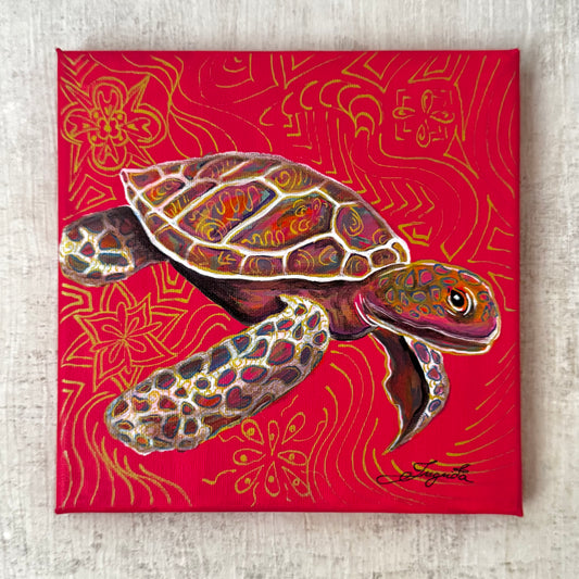 Turtle-painting-psychedelic-unique-ingrida-tautkute-wall-art-one-of-a-kind-symbolic-pink-red-white-colorful