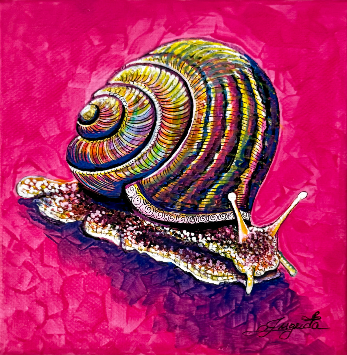 colorofoc-helix-snail-painting-original-acrylic-on-canvas-ingrida-tautkute-lithuanian-artist-pink-red-fuscia-animal-handmade