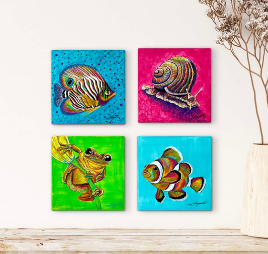 the-butterflyfish-clownfish-leap-of-faith-frog-snail-paintings-ingrida-tautkute-4-paintings-wall-art-animal-series