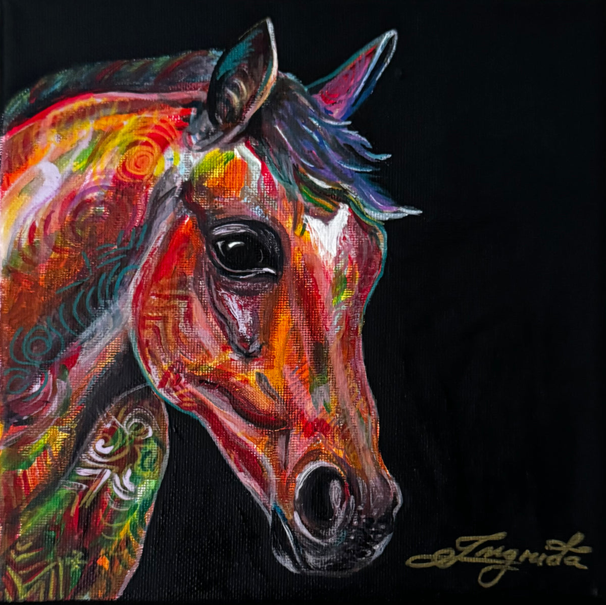 the-painted-horse-ainting-by-ingrida-tautkute-artwork-acrylic-on-canvas-signed-art-lithuanian-psychedelic-colorful-contemporary-neon