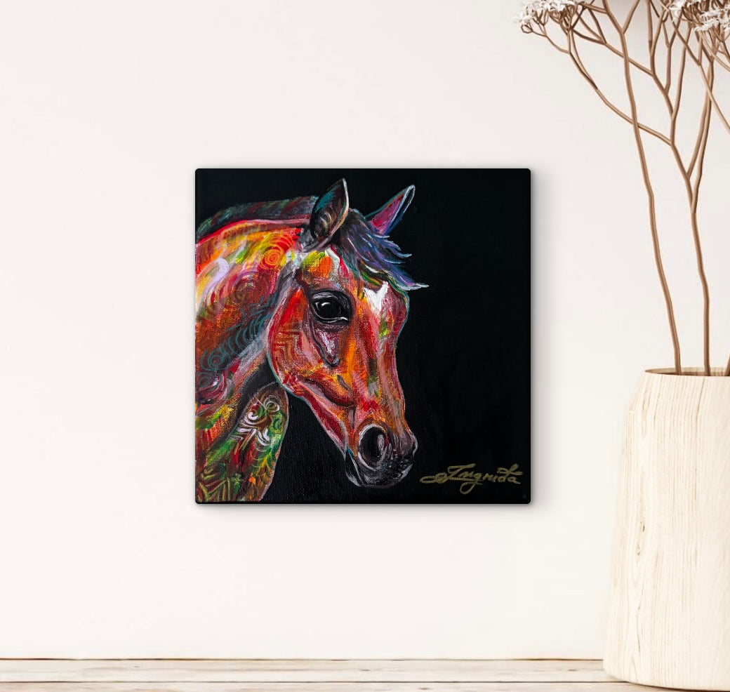 the-painted-horse-ainting-by-ingrida-tautkute-artwork-acrylic-on-canvas-wall-art-interior-view-animal-pet-horse-stallion-symbolic